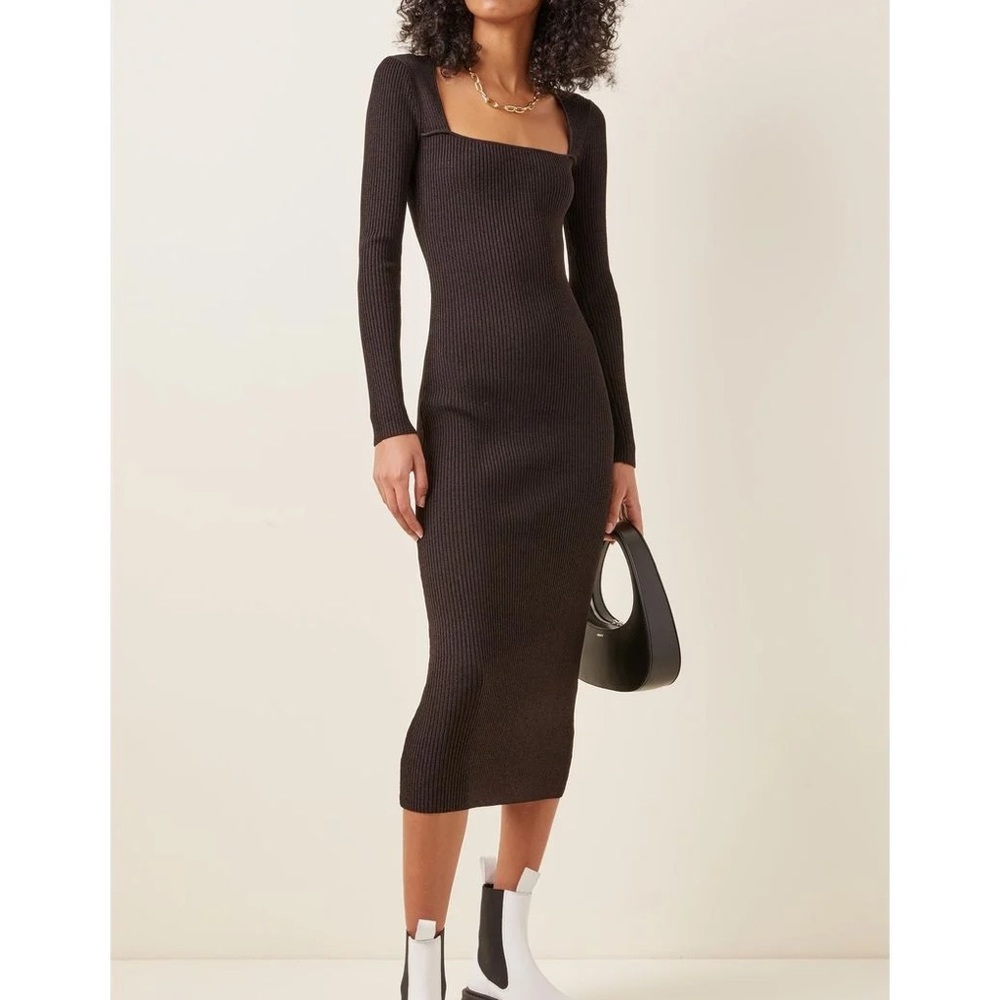 GANNI long sleeve stretch rib knit  long dress in black, unlined in Large